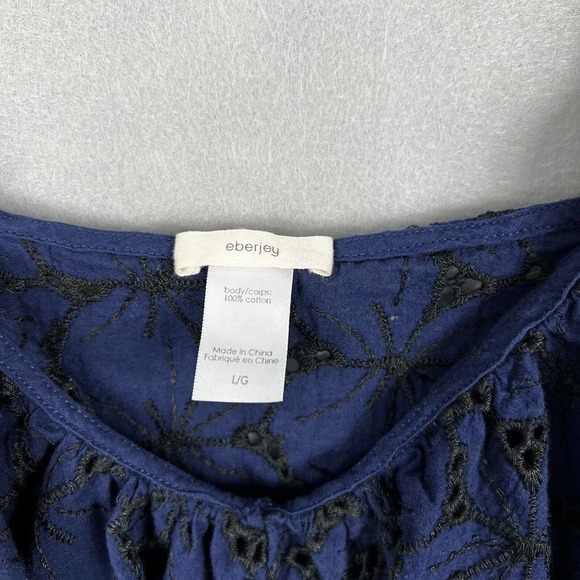Eberjey Shirt Top Navy Blue Embroidered Evelyn Ruffled Cotton Large Top - Picture 4 of 10